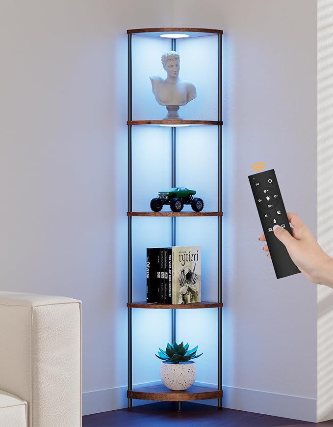 Corner Shelf with RGBCW LED Light, 64.5” Tall Floor Lamp Narrow Bookshelf Organizer, Standing Shelves with Metal Pole, Display Storage Rack for Wall Corner, Living Room, Bedroom, Office Décor, Brown