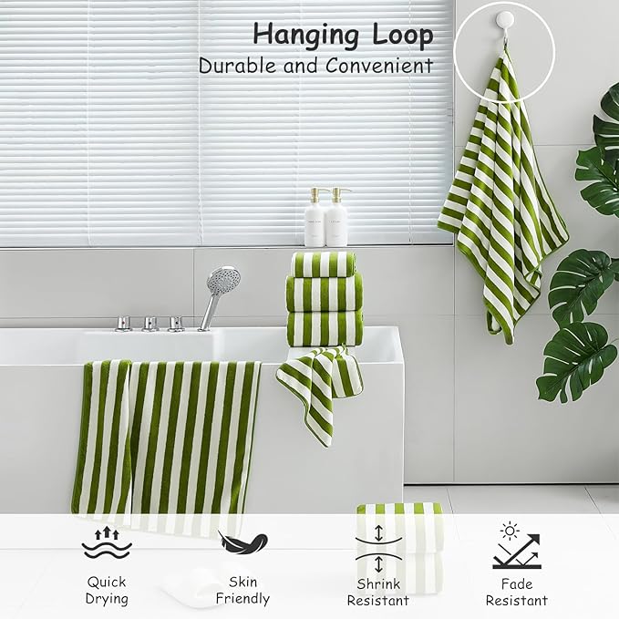 18 Pcs Green Cabana Stripe Family Towels Set with Hanging Loop-6 Bath Sheets,6 Hand Towels,6 Washcloths Ultra Soft Bathroom Towel Highly Absorbent Quick Dry Shower Towel for Beach Chair,Spa,Gym,Hotel