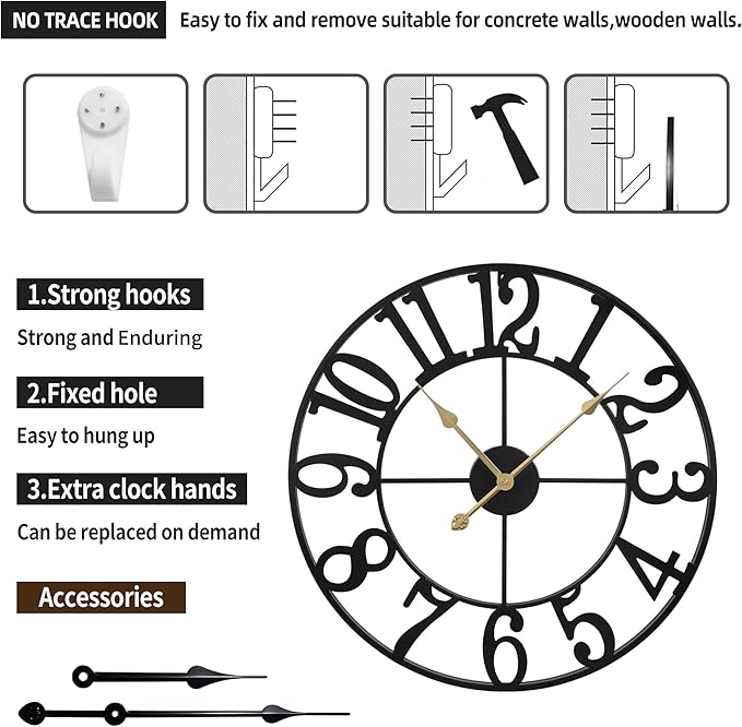 Large Wall Clock for Living Room Decor - 16 Inch Silent Non-Ticking Wall Clocks Battery Operated, Metal Vintage Retro Decorative Modern Wall Clock for Bedroom, Kitchen, Office, Farmhouse Decor