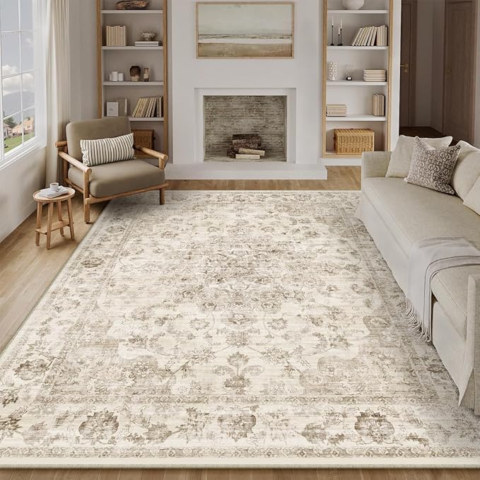 10x12 Neutral Area Rug Beige Floral Living Room Bedroom Large Carpet Non-Slip Low Pile Vintage Soft Thin Washable Throw Rug for Dining Room Office Kitchen Indoor Nursery