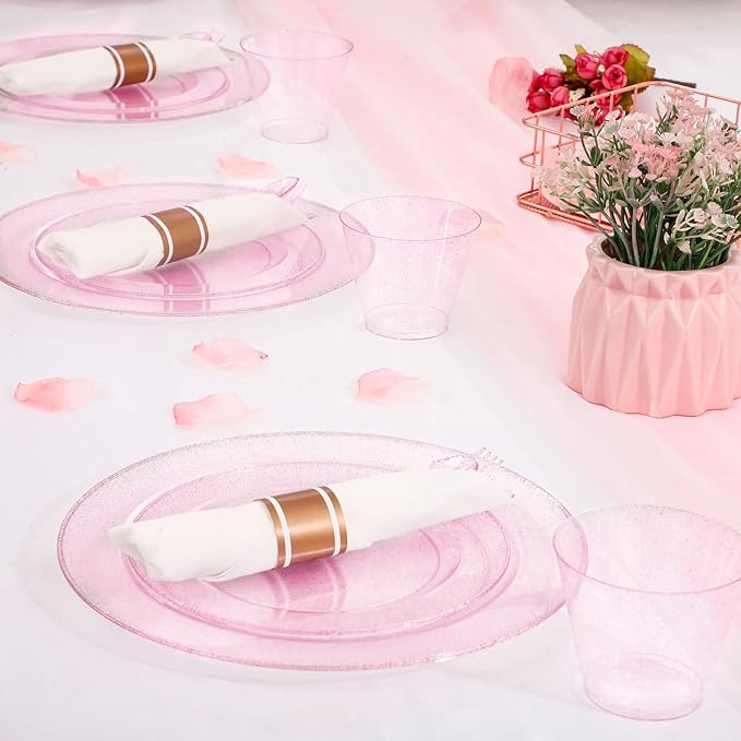 DaYammi 350PCS Rose Gold Glitter Dinnerware Set 50 Guest for Party- 50 Pink Plastic Dinner Plates, 50 Dessert Plates- 50 Per Rolled Napkins with Rose Gold Glitter Cutlery - 50 Cups 9 OZ