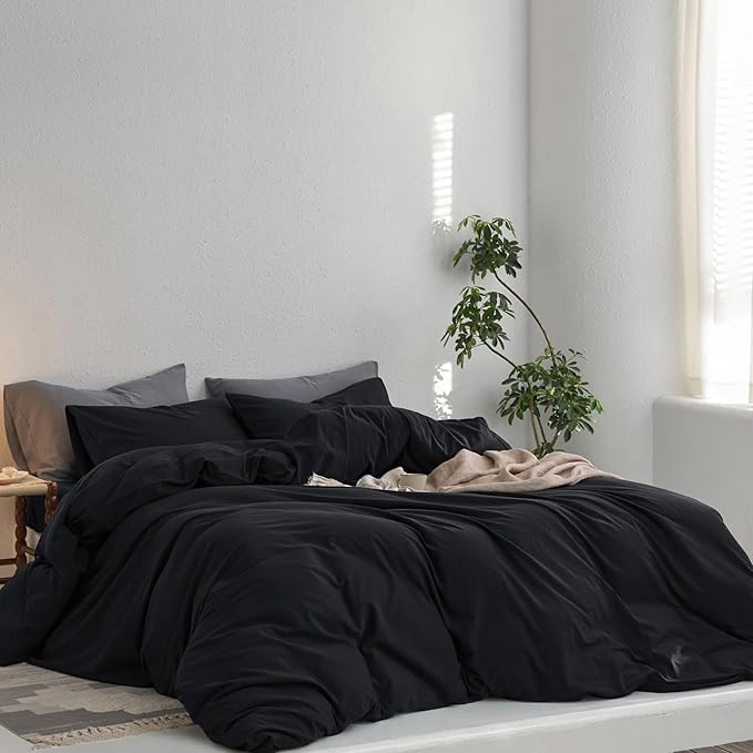 MooMee King Duvet Cover Set, 100% Washed Cotton Linen Like Twill Thick Sturdy Material Super Soft Breathable Durable Bedding for All Season, 3 Pieces (Black, King 104"x90")