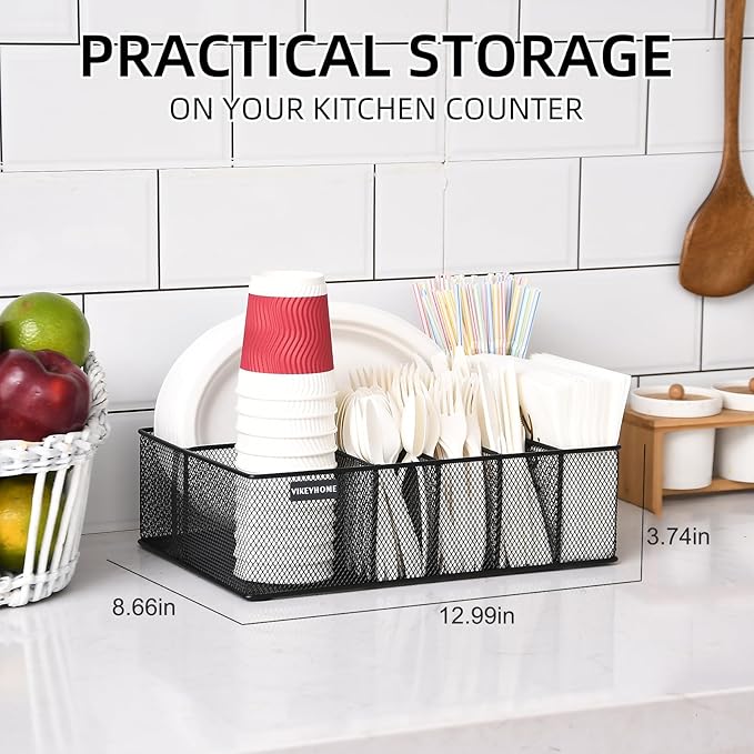 Paper Plate Organizer for Countertop, Metal Silverware Caddy with 6 Compartments for Cup, Napkin, Utensil Holder Caddy for Party, Camping, Picnic