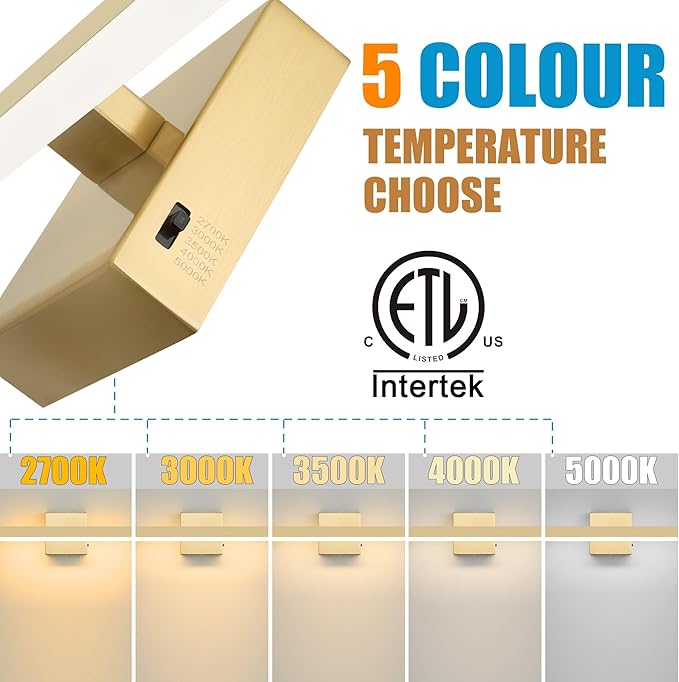 Gold Bathroom Vanity Light 15.75 inch, 12W Dimmable 5CCT LED Modern Bathroom Light Fixture Over Mirror - ETL Certificated
