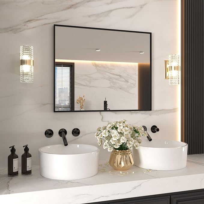 LOAAO 40"X32" Black Rectangle Bathroom Mirror Wall, Matte Black Aluminum Alloy Frame, Tempered Glass, Hangs Vertically or Horizontally, Easy to Install