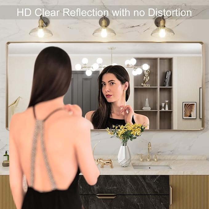 LOAAO 72”X32” Gold Bathroom Mirror, Rounded Rectangle Gold Frame Mirror, Brushed Gold Bathroom Vanity Mirror Wall-Mounted, Anti-Rust, Tempered Glass, Hangs Horizontally or Vertically