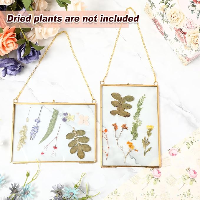 Barydat 12 Pack Pressed Flowers Glass Frames, 5 x 7 Inch Brass Hanging Floating Frame with Chain, Double Glass Photo Display for Dried Flowers, Plant Specimen, Artwork Display (Gold)