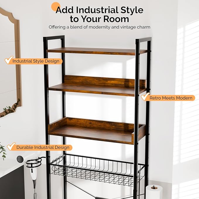 VINGLI Over-The-Toilet Storage Cabinet | 4-Tier Adjustable Shelves with Basket & Hairdryer Holder | Freestanding Bathroom Organizer Above Toilet, Durable Space-Saving Rack with Hooks (Rustic Brown)