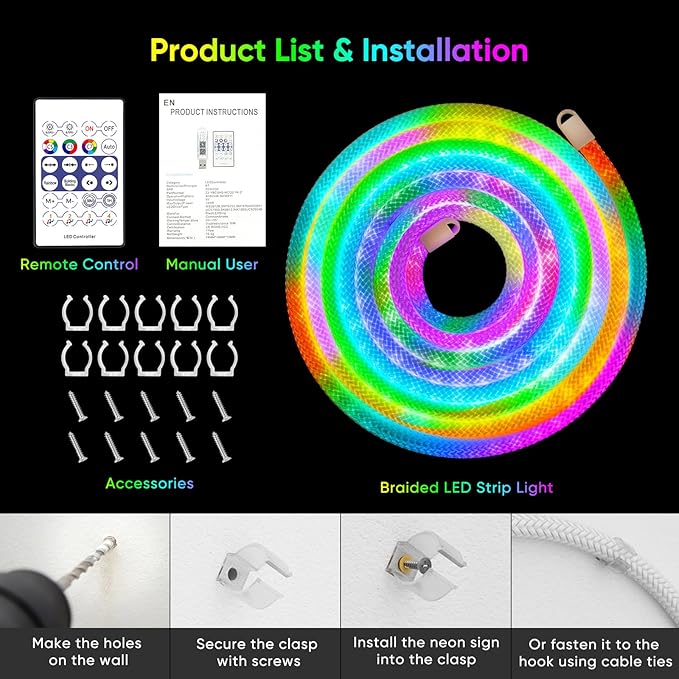 iNextStation RGB LED Strip Lights16.4FT, Braided Silicone 360° Glow Rope Lights, IP67 Waterproof, Music Sync, APP/Remote Control, USB Powered, Color Changing for Outdoor/Bedroom/Game Room/Wall Decor