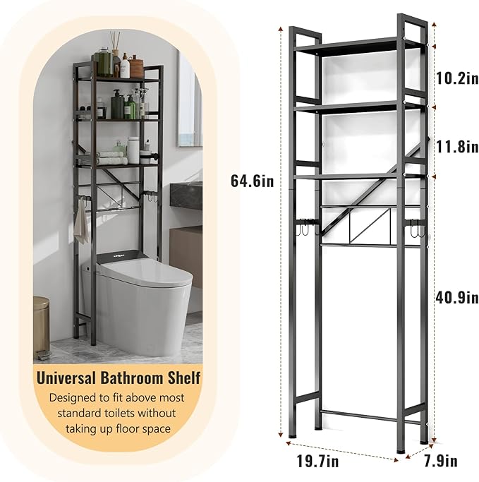 Over The Toilet Storage Cabinet, Metal 3 Tier Bathroom Organizer Shelf, Stable Freestanding Above Toilet Stand, Black