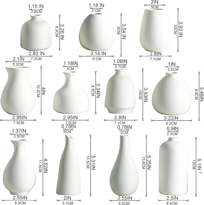 Ceramic Bud Vases, White Mini Vase Set of 11, Small Pottery Vases for Flowers Mini Ceramic Vases for Pampas Grass Vase Bulk for Wedding Table Centerpieces Decoration Boho Home Decor DIY Gift