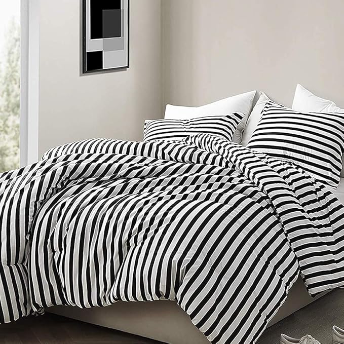 CLOTHKNOW Striped Twin/Twin XL Comforter Sets 3Pcs Black White Bedding Comforter Sets Farmhouse Comforter Soft Ticking Bedding with 2 Pillow Cases