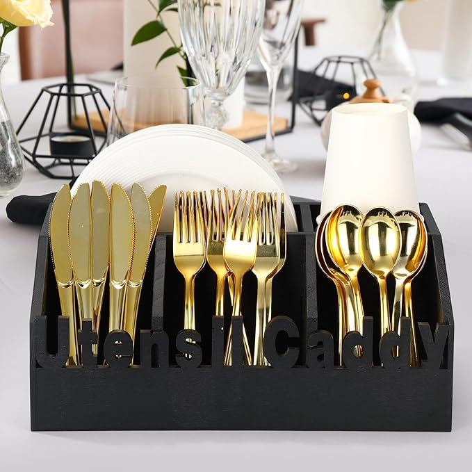 12.6 in Wooden Paper Plate Dispenser Black Utensil Caddy Silverware Napkin and Utensil Holder Rustic Large Silverware Holder for Kitchen Counter