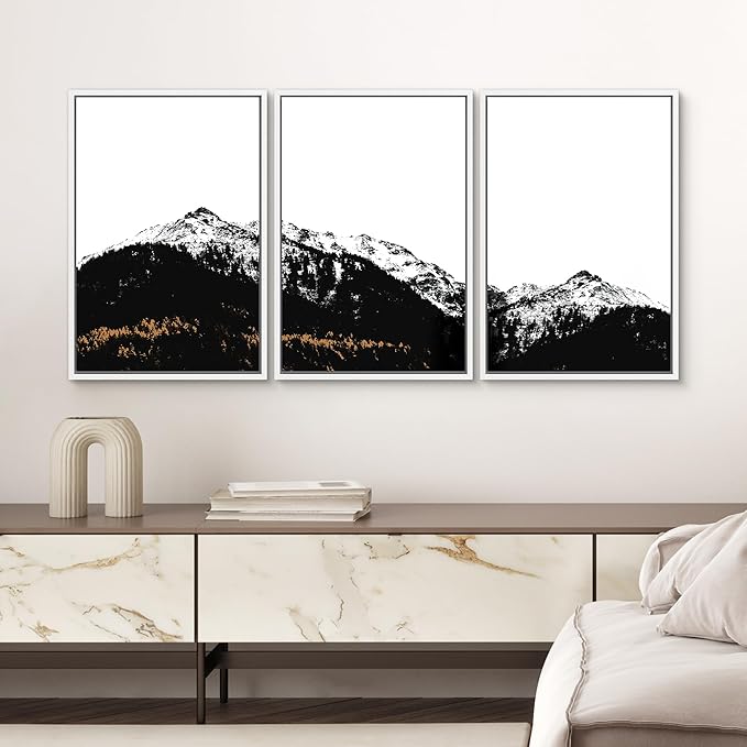 SIGNWIN 3 Piece Framed Canvas Wall Art Black and White Mountain Tops Photo Nature Wilderness Illustrations Abstract Traditional Home Artwork Decoration for Living Room,Bedroom - 24"x36"x3 White