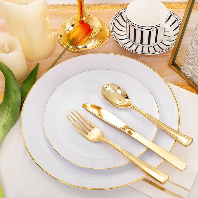 Festiva 176Pcs White and Gold Plastic Plates - White with Gold Rim Dinnerware Set - 25Guest include Plates Cups Cutlery Napkins forThanksgiving Party&Wedding& New Year