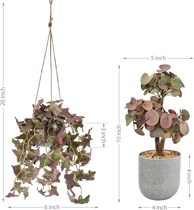 Fake Hanging Plant with Pot, 2 Pack Small Artificial Plants in Pot and Mini Faux Ivy Vines Hanging Plants for Shelves, Greenery Decor for Livingroom Room Wall Office Desk (Brown)