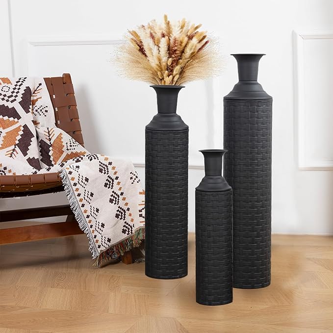 Tall Floor Vase Set of 3 Large Black Vase Tall Vases for Floor Vases Home Decor Large for Pampas Grass, Metal Material, Handcrafted Rattan Pattern, Matte Black