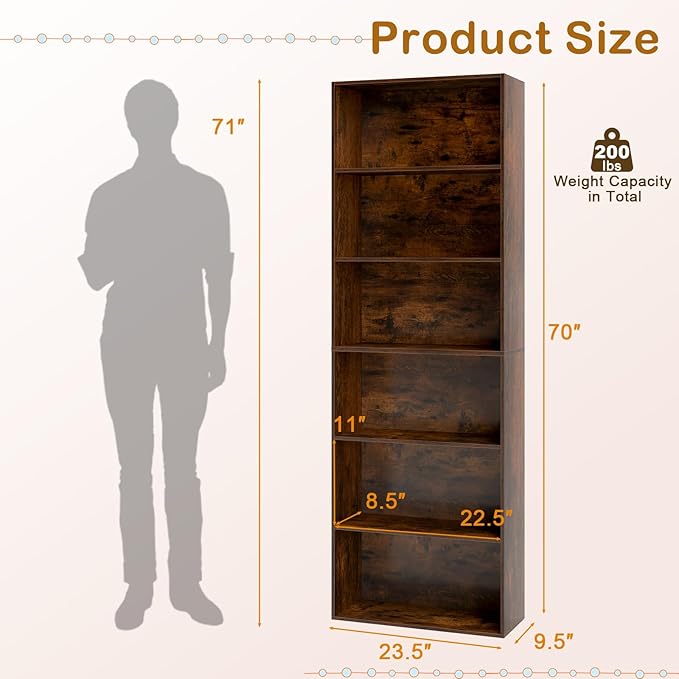 Tangkula 6-Tier Bookcase, 70” Tall Freestanding Bookshelf with 6 Open Shelves, Anti-Toppling Kits, Floor Display Storage Organizer for Living Room, Study, Kitchen, Home & Office (Rustic Brown, 70" H)