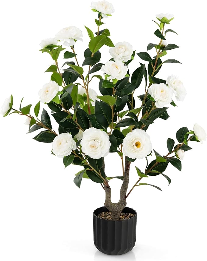 Goplus 38’’ Artificial Camellia Tree, Flower Plants Artificial Tree, Faux Floral Plant Blooming Tree in Cement Pot, Greenery Potted Plant for Indoor Outdoor Office Home Porch Decor