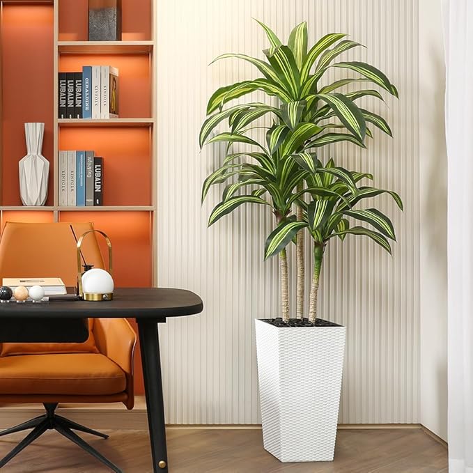 Artificial Dracaena Tree, 6FT UV Resistant Fake Plants with White Taper Planter, Lifelike Tall Artificial Floor Plants for Indoor & Outdoor, Faux Tree for Home Courtyard Decor