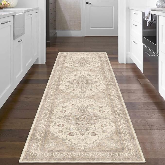 vivorug Beige Runner Rug 2x10 Machine Washable Rug with Non-Slip Backing, Ideal for Kitchen Hallway Entryway Laundry Room - Vintage, Durable, Easy Clean, Low Pile Carpet Runner
