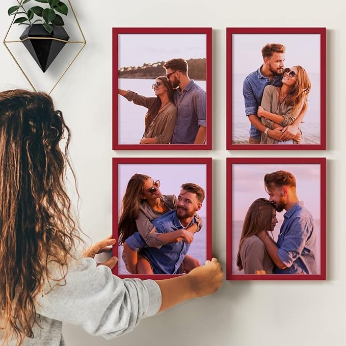 Renditions Gallery Set of 4, 11X14 Custom Photo Prints with Real Wood Picture Frames. Create Personalized Photos with Peel & Stick Photo Frames. Red Frame