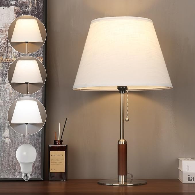 21" Table Lamps for Night Stands Bedside Lamp for Living Room Bedroom Lamp for End Tables 3-Color Pull Chain Switch Walnut Wood Fabric for Home/Office/Desk Decor (Off White+Brushed Nickel)
