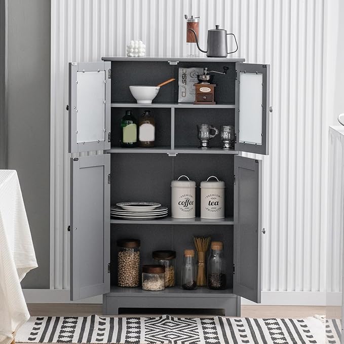 GOFLAME Bathroom Storage Cabinet, Freestanding Storage Cabinet with 4 Doors, Wooden Kitchen Cupboard with Adjustable Shelf, Buffet Sideboard, Multipurpose Home Organizer for Bathroom, Kitchen, Grey