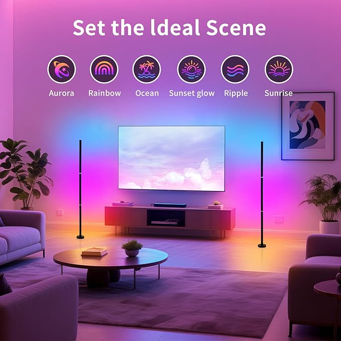 Corner Floor Lamp, Smart RGB Floor Lamp with Music Sync and 16 Million Colors, Color Changing Standing Floor LED Lights for Bedroom Living Room Decor, Ambient Mood Lighting Gaming Black (2 Pack)