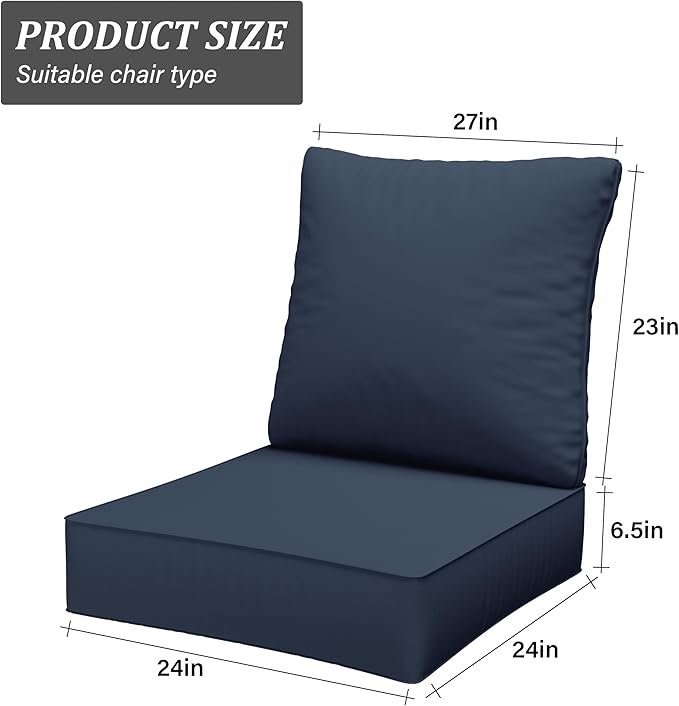 Outdoor Seat Cushion Set 24 x 24 x6.5 Inch Splash-Proof & Fade Resistant Patio Furniture Cushions with Removable Cover Deep Seat & Back Cushion with Straps for Chair Sofa Couch