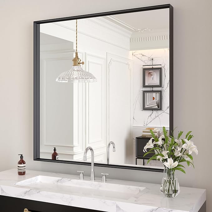 LOAAO Black Bathroom Mirror 36"X36" for Wall, Rectangle Bathroom Vanity Mirror, Tempered Glass, Hangs Vertically or Horizontally, Easy to Install, Modern Design