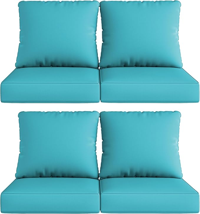 UIXE 24.5" Deep Seat Outdoor Cushion Set with Back Pillows, Patio Furniture Cushions, Sectional Sofa Bistro Chair Cushion - Teal Blue, Set of 4