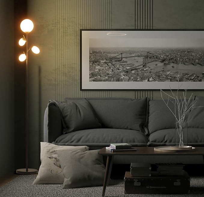 Fiqevs 4 Globe Mid Century Floor Lamp, 4 x 800LM LED Bulbs Included, Torchiere Modern Black Tree Standing Lamp, Contemporary Vintage Tall Lamp for Living Room, Bedroom & Office
