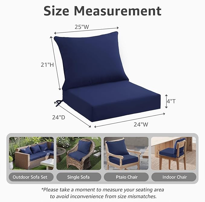 Outdoor Seat Cushion Set 24 x 24 x 4 Inch, Waterproof & Fade Resistant Patio Furniture Cushions with Removable Cover and Ties, Thick Deep Seating Pads for Outside Chair Sofa Couch, Dark Blue