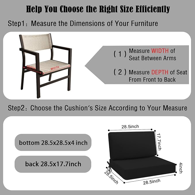 idee-home Outdoor Cushions for Patio Furniture, Waterproof Deep Seat Replacement Cushions for Hampton Bay Chairs, Garden, Lawn, Backyard, Deck, 28.5 x 28.5 Inch, Black