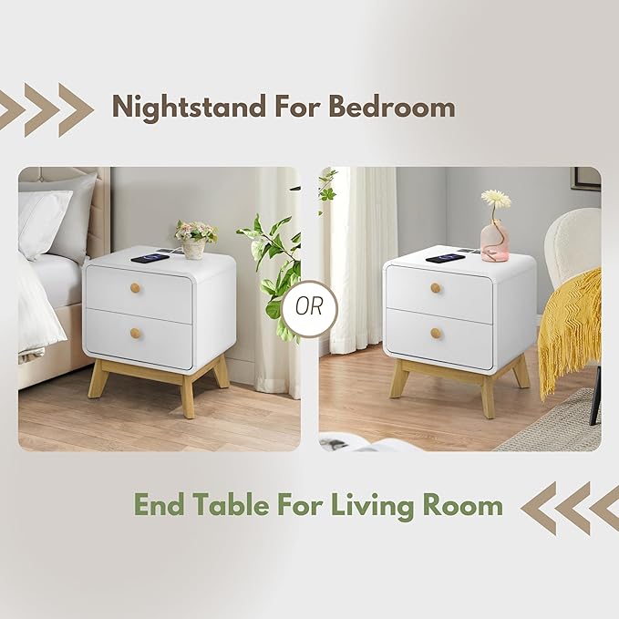 Aries Set of 2 Nightstands with Charging Station, 2 Drawer Bedside Tables with Storage, Night Stands for Bedroom, End Table or Side Table for Living Room, 15.7" x 18.9" x 21.7", White