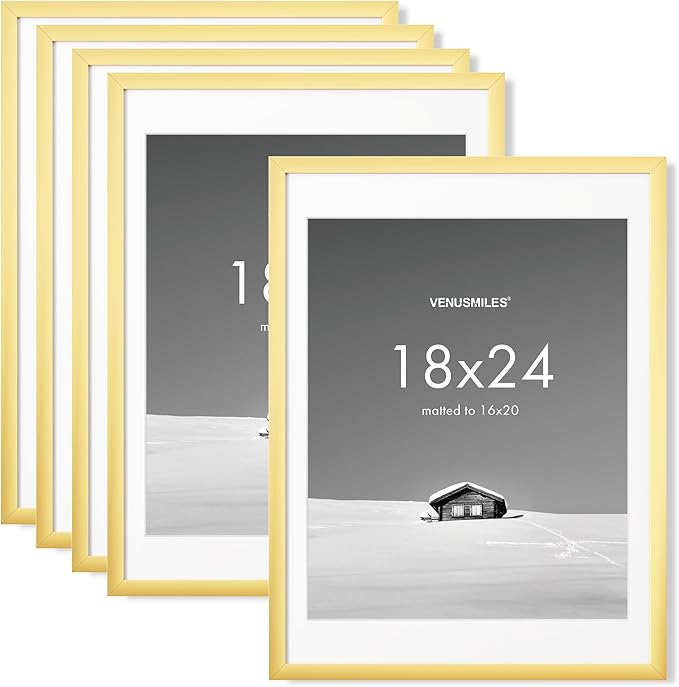 18x24 inch Picture Frame, 18x24 Photo Frames with 16x20 Removable Mat - High Definition Plexiglass - Vertical and Horizontal Display - Wall Hanging Poster Frame - Gold, 5 Pack