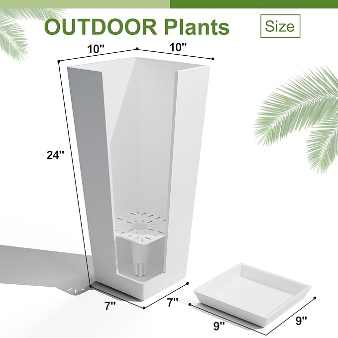24-Inch Tall Planters Set of 2 for Outdoor and Indoor Use, Tapered Flower Pots with Drainage Tray, Front Porch and Patio Decor, Ideal for Large Plants – White