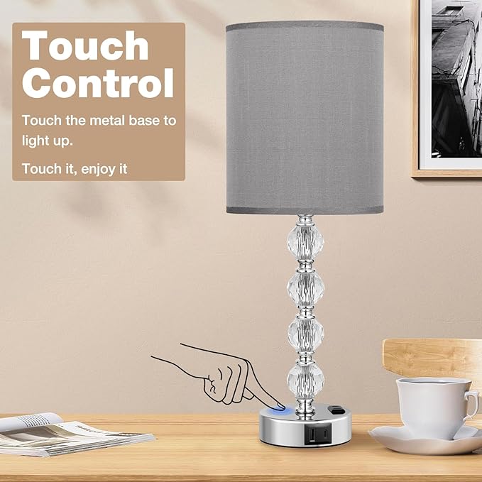 Touch Bedside Crystal Lamps for Bedrooms Nightstand with USB C+A Charging Port and AC Outlet White, 3 Way Dimmable Silver Large End Side Table Lamp for Living/Dinning Room/Kitchen/Bedroom