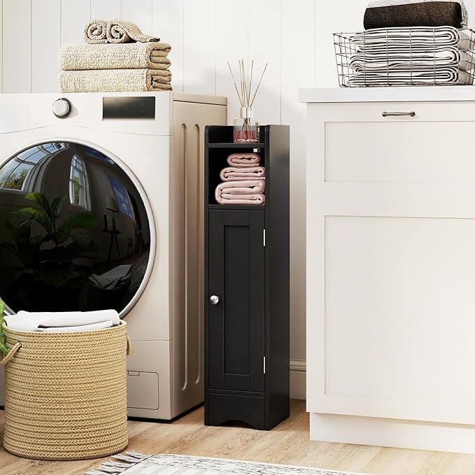 Tangkula Small Bathroom Storage Cabinet with Door, Toilet Paper Holder Stand with Adjustable Shelves & Open Compartment for Small Spaces, Narrow Freestanding Storage, 7 x 7.5 x 31.5 Inches (Black)