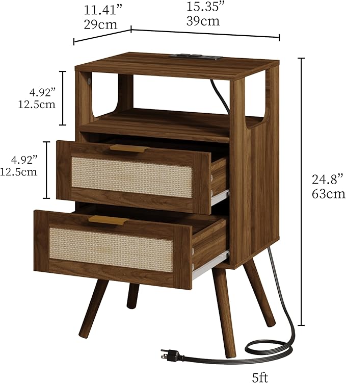 Rattan Nightstand with Charging Station,Farmhouse Bedside Table with 2 Storage Drawer and Open Wood Shelf, for Bedroom and Small Spaces,Night Stand with Solid Wood Legs (Walnut Brown-Outlet)
