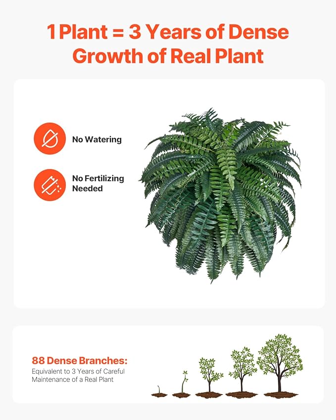 VEVOR Artificial Ferns 1Pcs, 47 Inch Artificial Boston Ferns Plants, Faux Fern with 88 Branches, Artificial Plants Large for Outdoors/Indoor Home, Office,Garden (Flowerpot Unincluded)