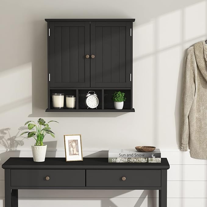 ChooChoo Bathroom Cabinet Wall Mounted 2-Door with 3 Open Shelves， Wooden Medicine Cabinets with Adjustable Shelf，Space Saver Storage Cabinets Over The Toilet for Bathroom&Living Room，Black
