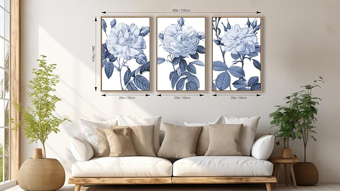 Large Framed Canvas Wall Art - Natural Float Framed Blue Gray Flowers Pictures Decor Rustic Blossom Leaves Botanical Artwork for Living Room Bedroom Kitchen Home Office Decoration 60" X 28" Set of 3