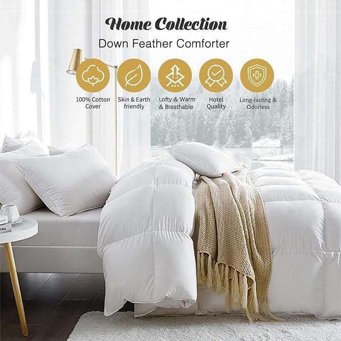 Organic Feather Down Comforter Oversized King Size, All Season Duvet Insert 100% Organic Cotton, Medium Warm Quilted Bed Comforter with Corner Tabs(120x98, White)