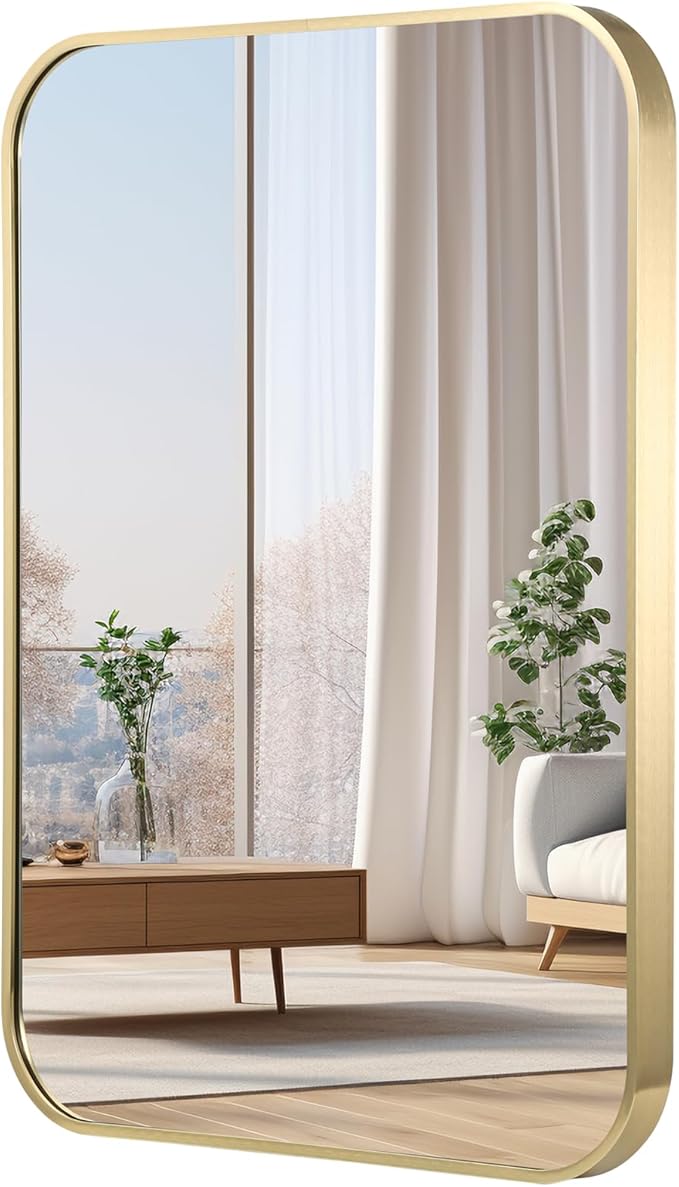 40x30 Inch Gold Bathroom Mirror, Brushed Brass Gold Metal Framed Rectangular Mirror with Rounded Corner, Bathroom Vanity Mirror for Bedroom or Living Room, Horizontal/Vertical