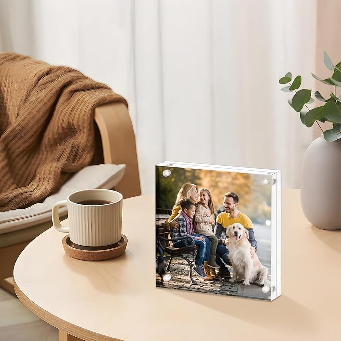 AMEITECH Acrylic Picture Frame 6x6-2 Pack, Clear Double Sided Frameless Photo Frame with Magnetic, Free Standing Desktop Acrylic Frame Display, Lucite Frame with Gift Box Package