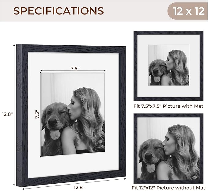 12x12 Picture Frames Set of 4, Black Wood Picture Frame 12 x 12, Oak Wood 12 by 12 Frames with Real Glass, Square 12 x 12 Photo Frames for Wall, 12x12 Frame with Mat for 8x8, Wall Gallery Frame Set