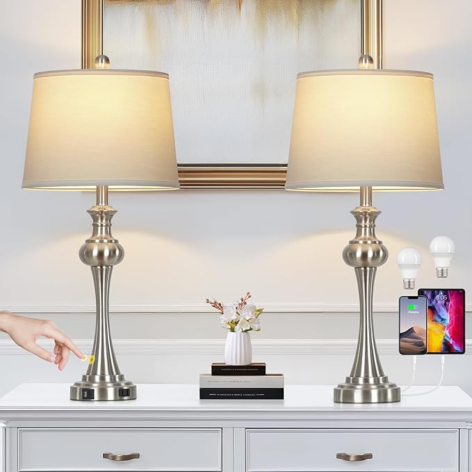 28.75"Silver Table Lamps Set of 2, 3 Way Touch Control Living Room Lamps with USB A+C Ports & Outlets , Modern Bedside Lamps, Elegant Metal Nightstand Lamps for Bedroom Office End Table Decoration