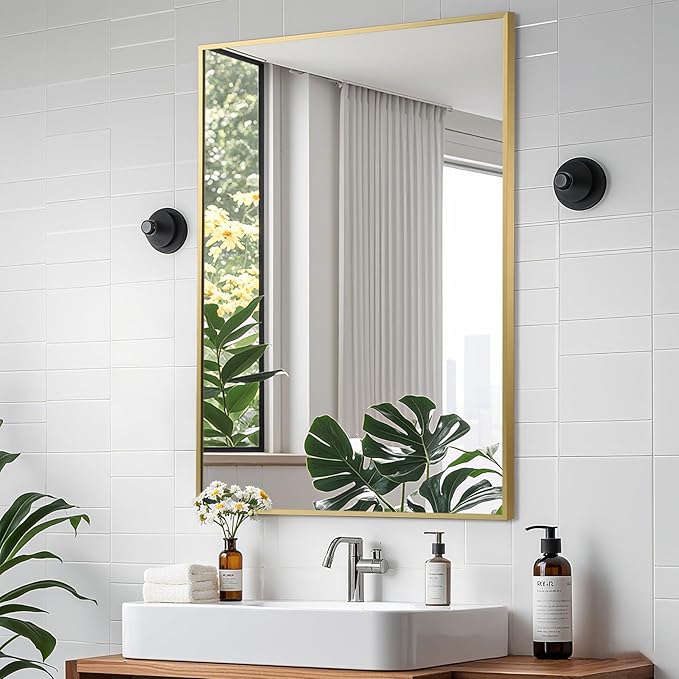 Brushed Gold Mirror, 30x36 Inch Aluminum Framed Rectangle Mirror, Anti-Rust, Tempered Glass, Square Corner Wall Mirror for Over Sink, Vanity, Bedroom, Entryway, Horizontal/Vertical
